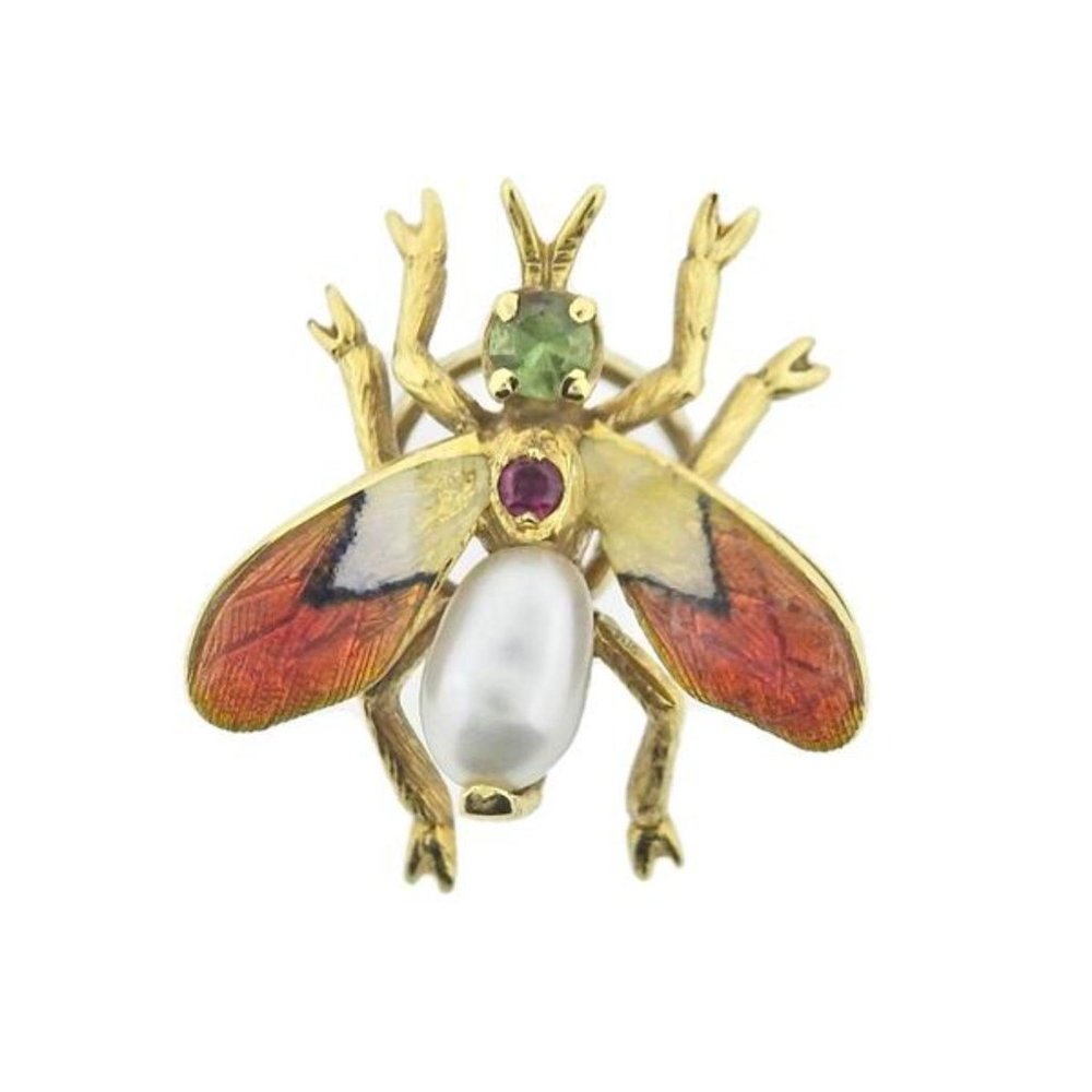Buccellati 18k Gold Lapel Pin Insect with Pearl, Ruby & Enamel